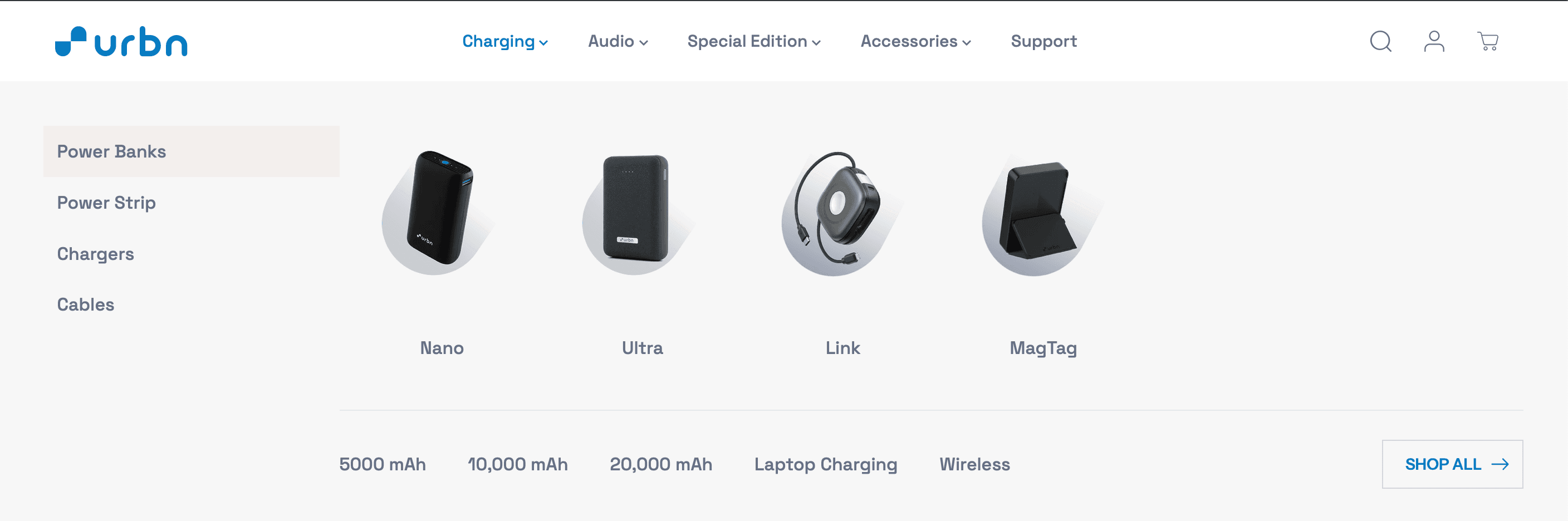 ALT: Mega menu and collection structure showing series-based routes and capacity/device filters